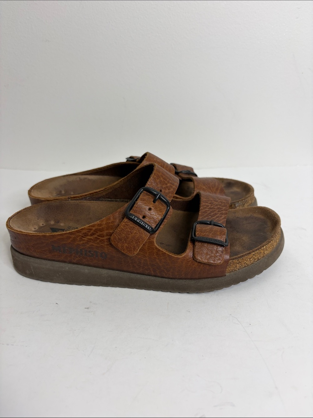 Mephisto Sandals Womens 37 7 Brown Leather Faux Snakeskin 2 Strap Slides Comfy